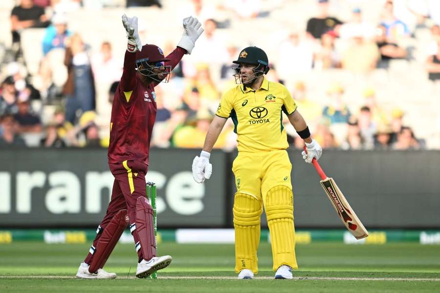 West Indies appeal for the wicket of Josh Inglis of Australia plays a shot
