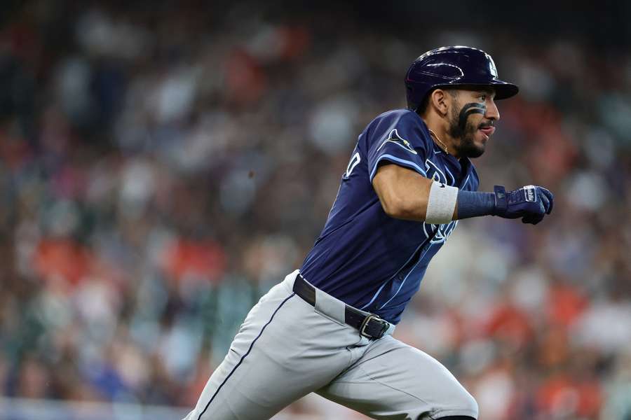 Jose Caballero running on the basepaths as a member of his former Tampa Bay Rays team (2025)