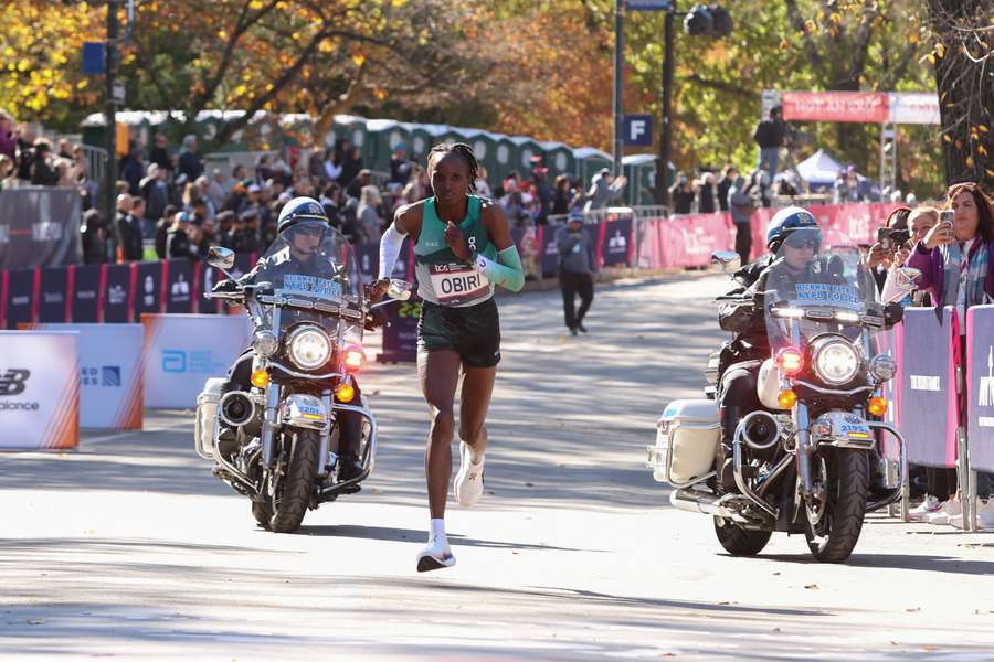 Hellen Obiri of Kenya approaches the finish line as she finishes second in the New York City Marathon in 2024 