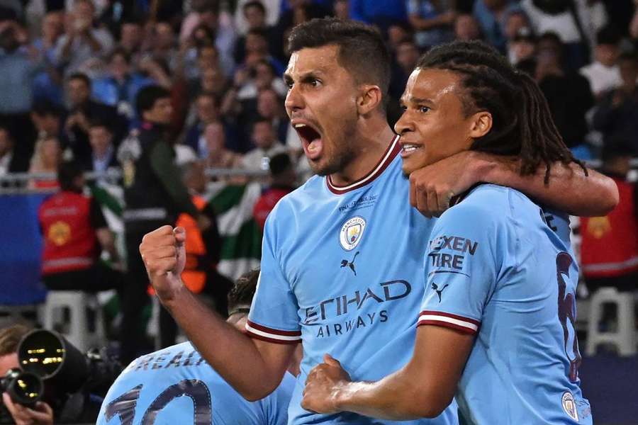 Rodri celebrates scoring to give Man City a 1-0 lead