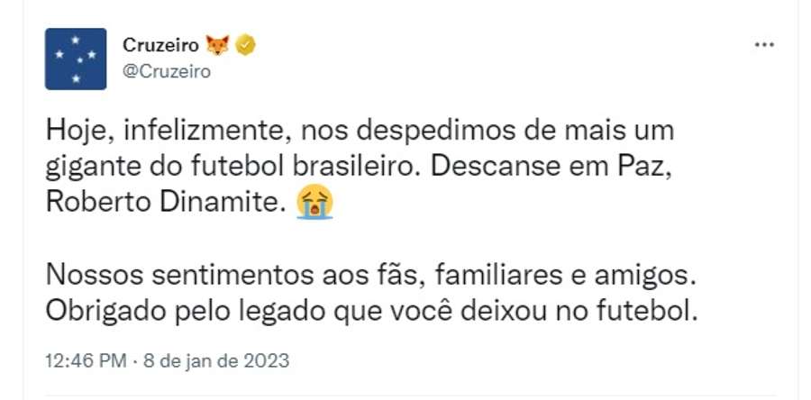 Post do Cruzeiro em homenagem a Roberto Dinamite