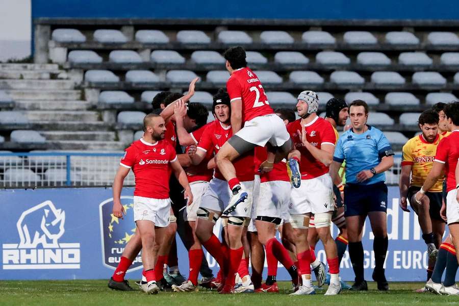 Portugal's players celebrate during the 2023 Rugby European Championships