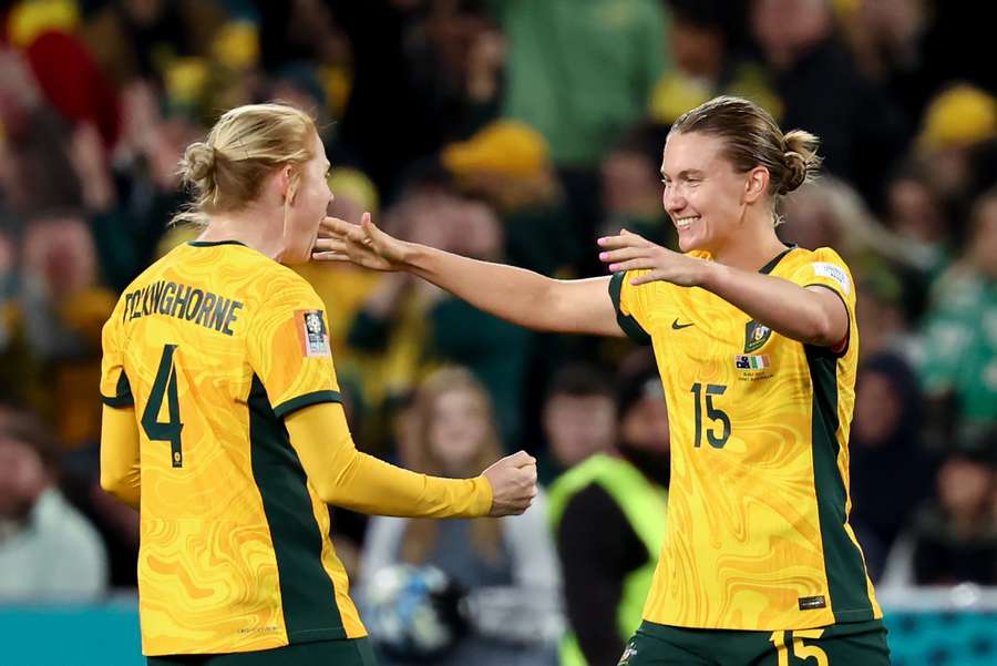 Clare Hunt and Clare Polkinghorne celebrate a famous win