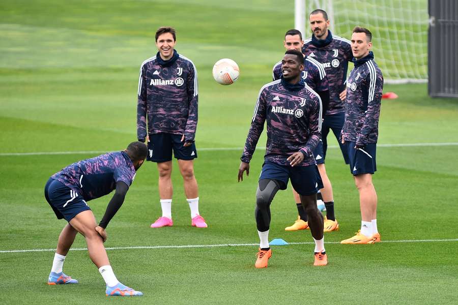 Paul Pogba with teammates during training on Wednesday