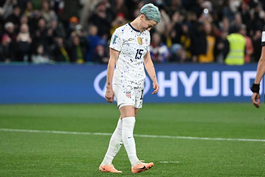 Megan Rapinoe reacts after missing her penalty