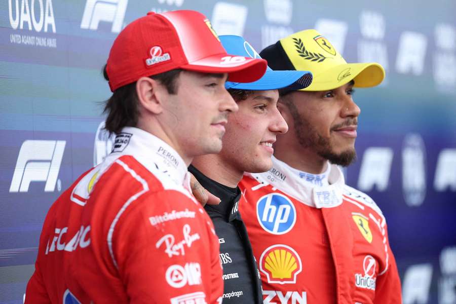 Kimi Antonelli and the Ferrari pair of Charles Leclerc and Lewis Hamilton after qualifying for the British Grand Prix Kimi Antonelli and the Ferrari pair of Charles Leclerc and Lewis Hamilton after qualifying for the British Grand Prix