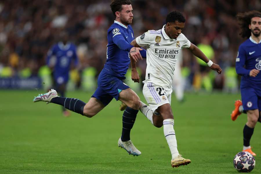 Chelsea's English defender Ben Chilwell sees red after he fouls Real Madrid's Brazilian forward Rodrygo