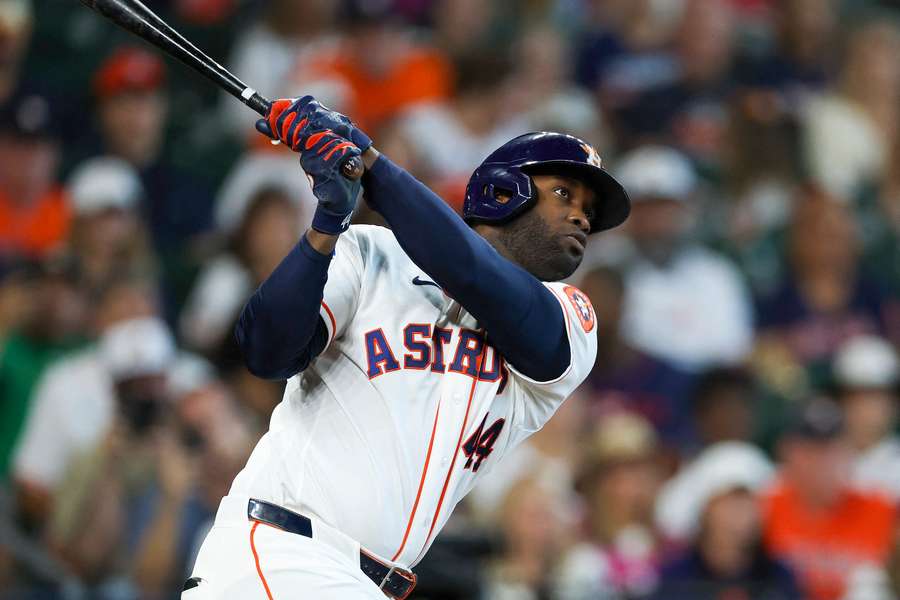 Yordan Alvarez reacts after hitting a home run Yordan Alvarez reacts after hitting a home run