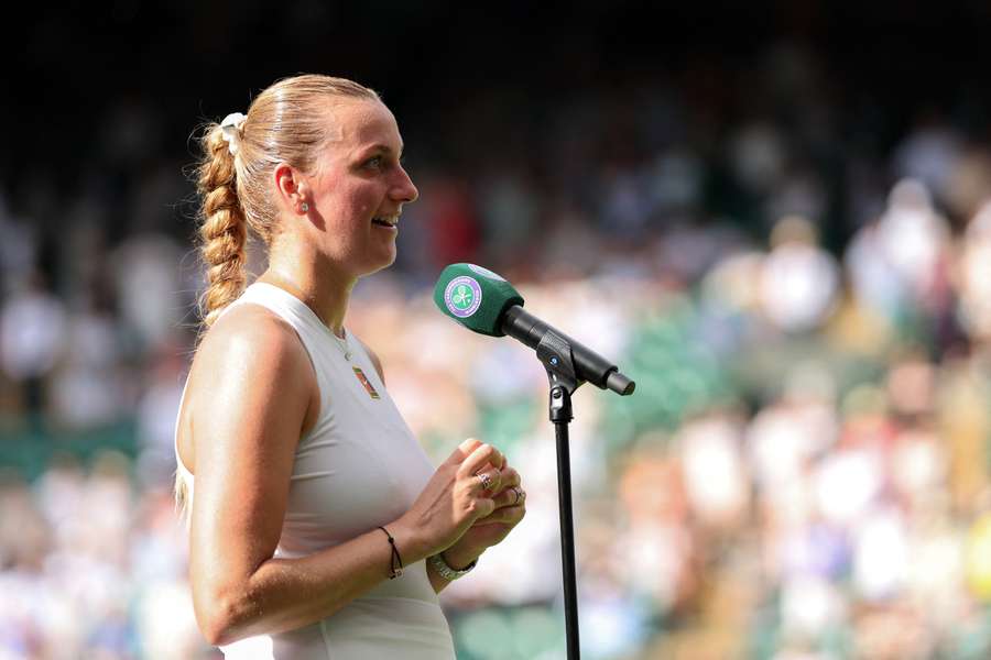 Petra Kvitova speaks to the crowd after farwell exit
