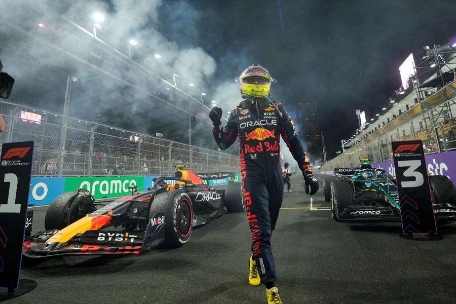 Red Bull's Sergio Perez celebrates after winning the Saudi Arabian Grand Prix