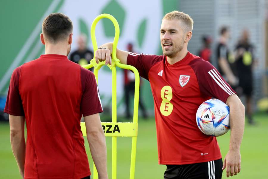 Aaron Ramsey takes a breather during training at their Al Sadd SC base in Doha