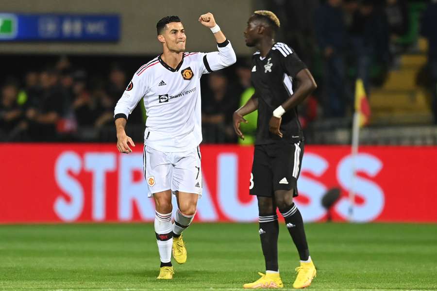 Cristiano Ronaldo celebrates after scoring against Sheriff Tiraspol in the Europa League.