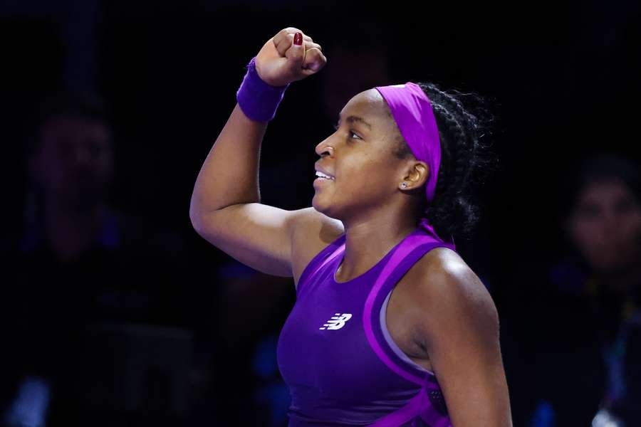 Coco Gauff celebrates after winning the WTA Finals