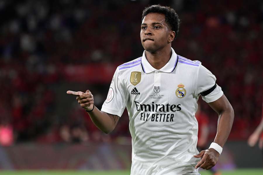 Real Madrid's Brazilian forward Rodrygo celebrates after scoring his team's second goal 