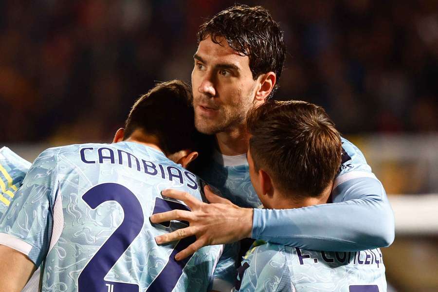 Juventus' Dusan Vlahovic celebrates scoring with teammates