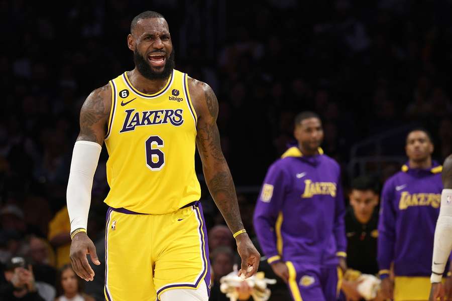 LeBron James of the Los Angeles Lakers reacts to a call