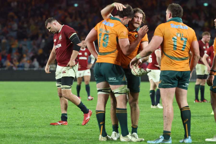 Jeremy William, Fraser McReight and Angus Bell during the third Lions Test. 