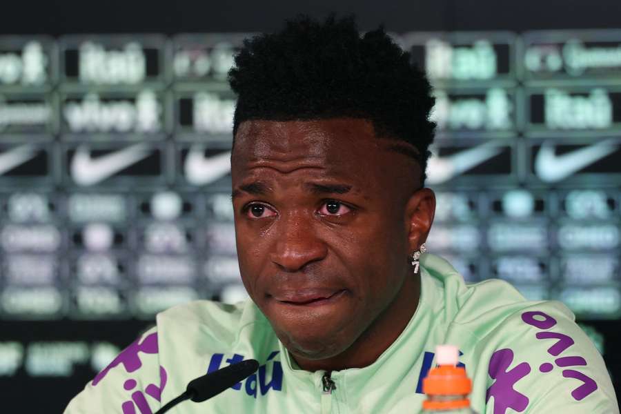 Vinicius Junior cries as he gives a press conference on the eve of the international friendly between Spain and Brazil