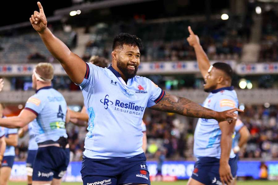 Folau Fainga'a celebrates the Waratahs' two-point victory over the Brumbies in Canberra.