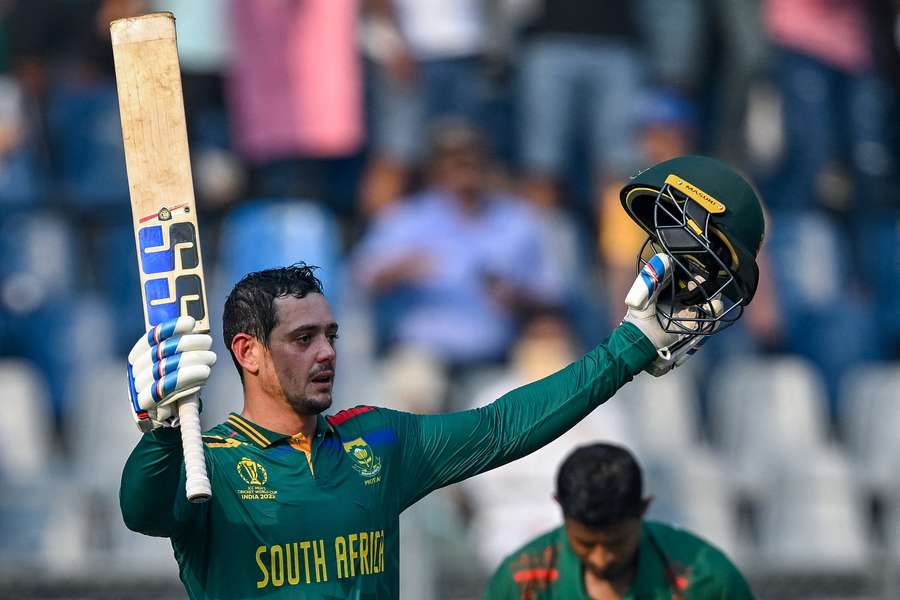South Africa's Quinton de Kock celebrates after scoring a century