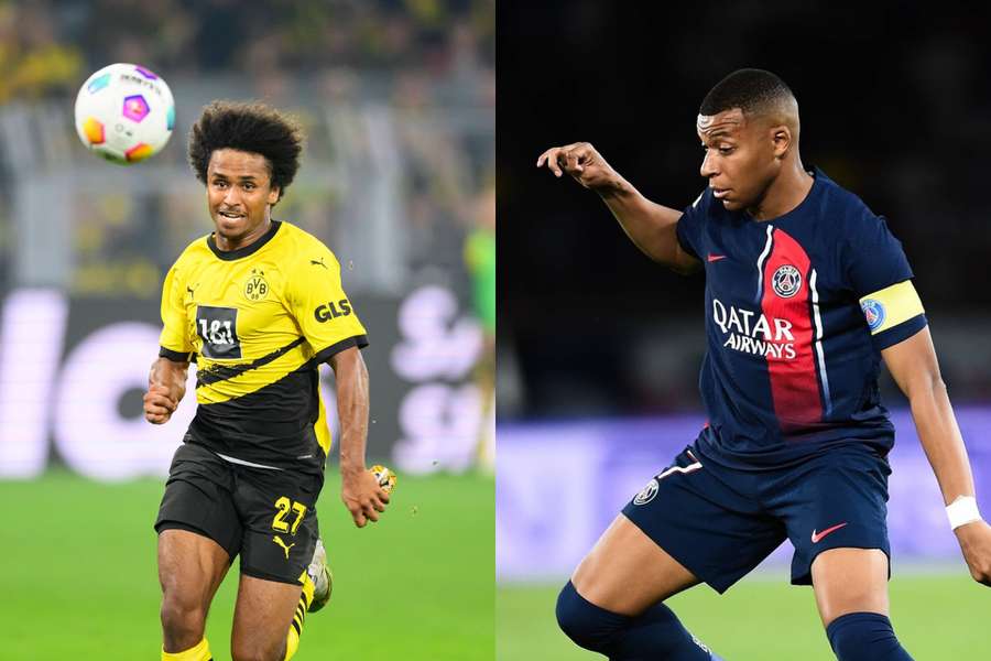 Karim Adeyemi (stânga - Borussia Dortmund) și Kylian Mbappe (PSG)