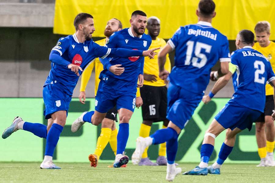 Albert Dabiqaj of Drita (L) celebrates the 1-1 goal