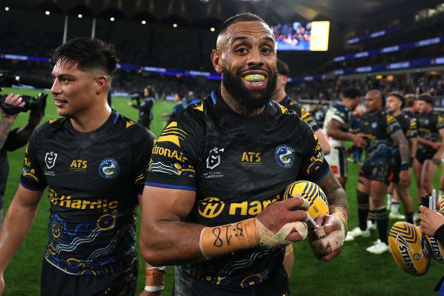 Josh Addo-Carr celebrating a win over North Queensland this year. Josh Addo-Carr celebrating a win over North Queensland this year.