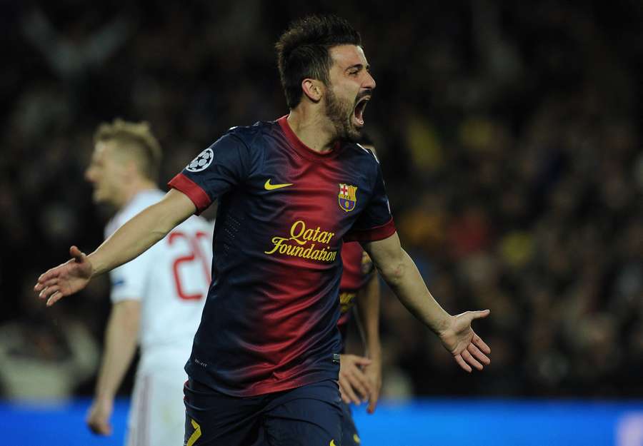 David Villa (FC Barcelone) célèbre son but face à l’AC Milan en huitièmes de finale de Ligue des champions, le 12 mars 2013 au Camp Nou. David Villa (FC Barcelone) célèbre son but face à l’AC Milan en huitièmes de finale de Ligue des champions, le 12 mars 2013 au Camp Nou.