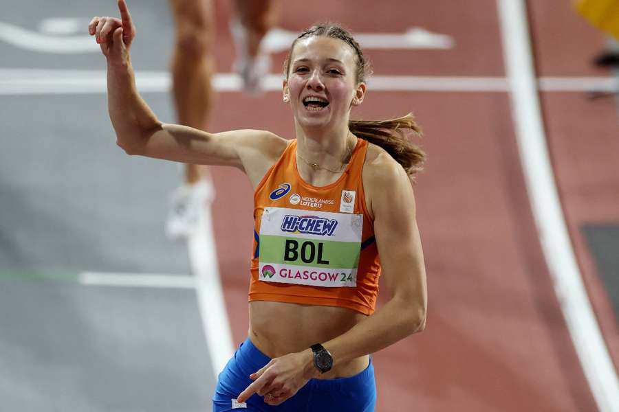 Femke Bol celebrates winning the women's 400 metres