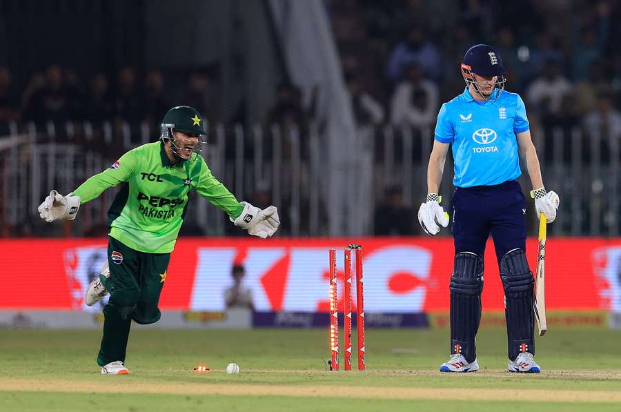 England's Harry Brook is bowled by Pakistan's Arafat Minhas England's Harry Brook is bowled by Pakistan's Arafat Minhas