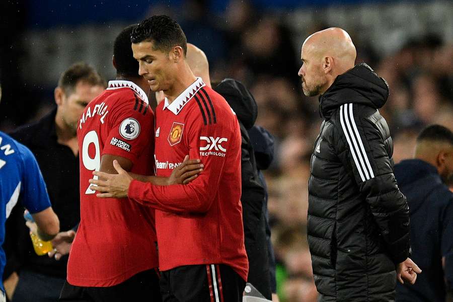 Erik ten Hag watches as Cristiano Ronaldo is subbed on for Anthony Martial 