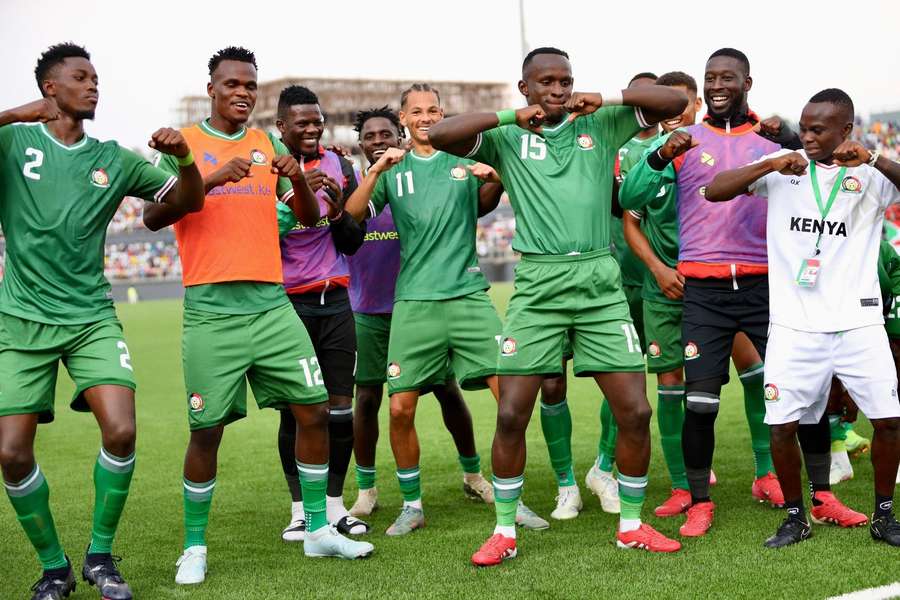 Ryan Ogam celebrates after scoring for Kenya against Burundi