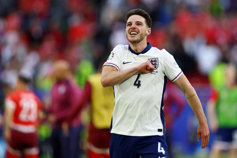 Declan Rice celebrates after England beat Switzerland on penalties