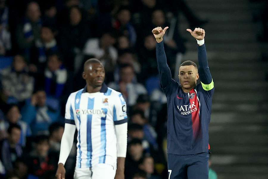 Kylian Mbappe celebrates his first goal of the night