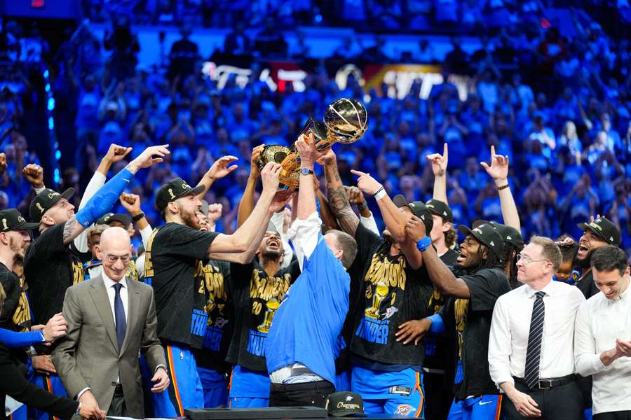 Oklahoma City Thunder lift the Larry O'Brien Championship Trophy