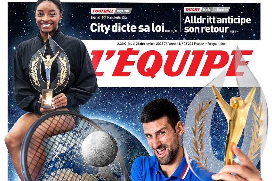 Novak Djokovic e Simone Biles na capa do L'Équipe