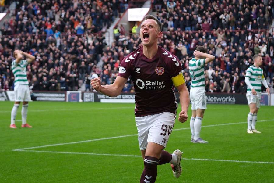 Shankland celebrates scoring for Hearts against Celtic