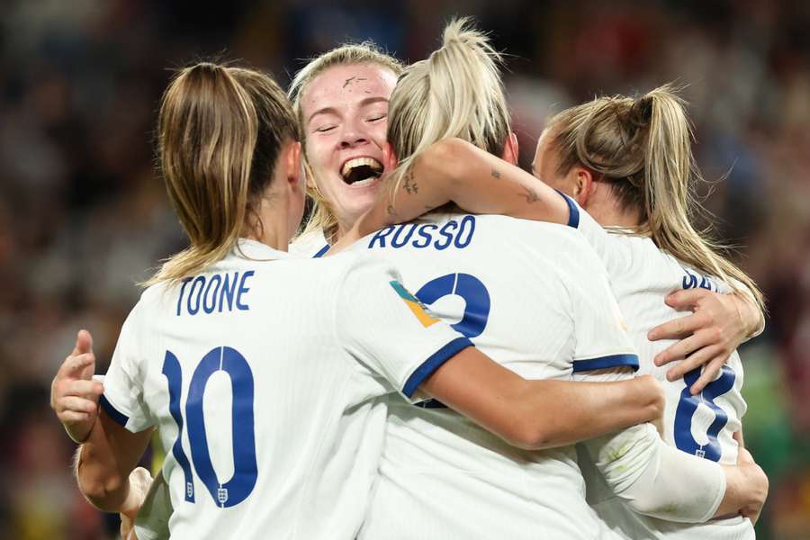 Alessia Russo celebrates with teammates after scoring against Colombia in the World Cup quarter-final