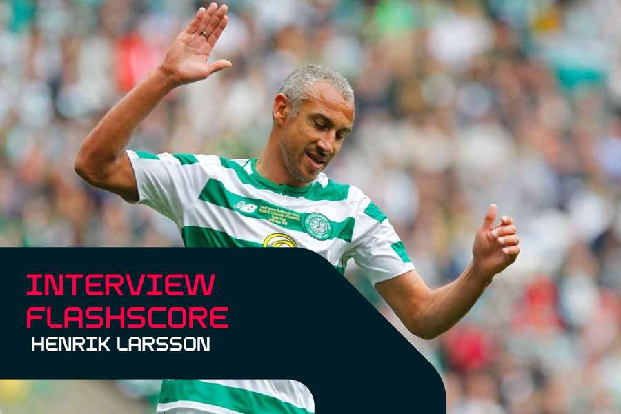 Henrik Larsson en action lors du match de remerciement de Scott Brown pour le Celtic.