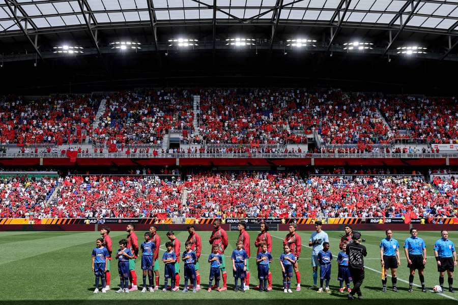 Morocco line up for their national anthem before their friendly with Norway Morocco line up for their national anthem before their friendly with Norway