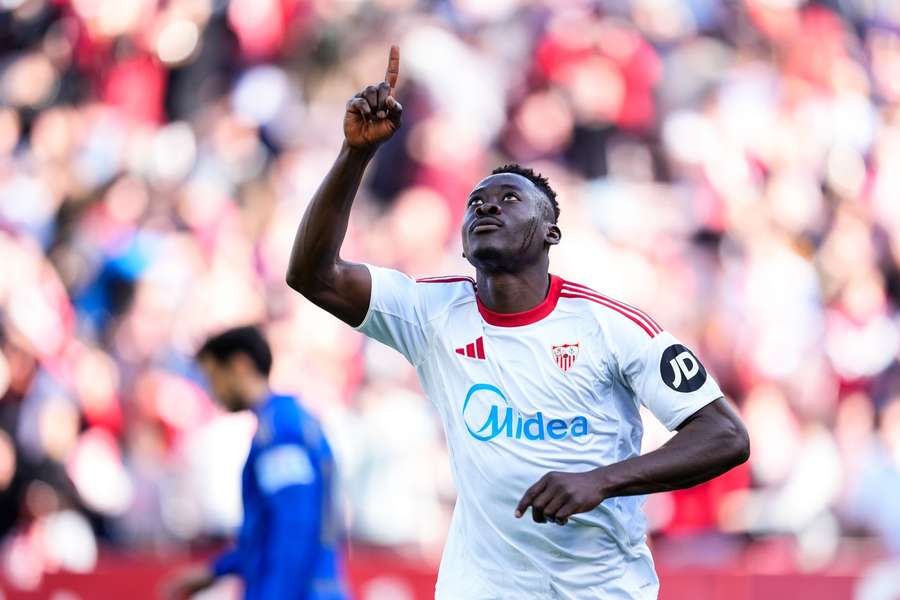 Akor Adams of Sevilla celebrates a goal against Real Oviedo Akor Adams of Sevilla celebrates a goal against Real Oviedo