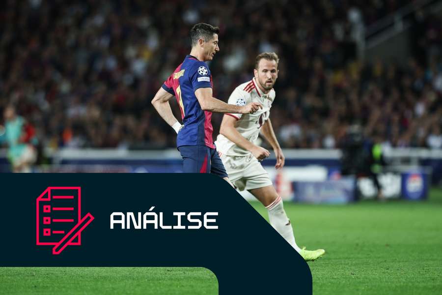 Robert Lewandowski, do Barcelona, é pressionado por Harry Kane, do Bayern Munique