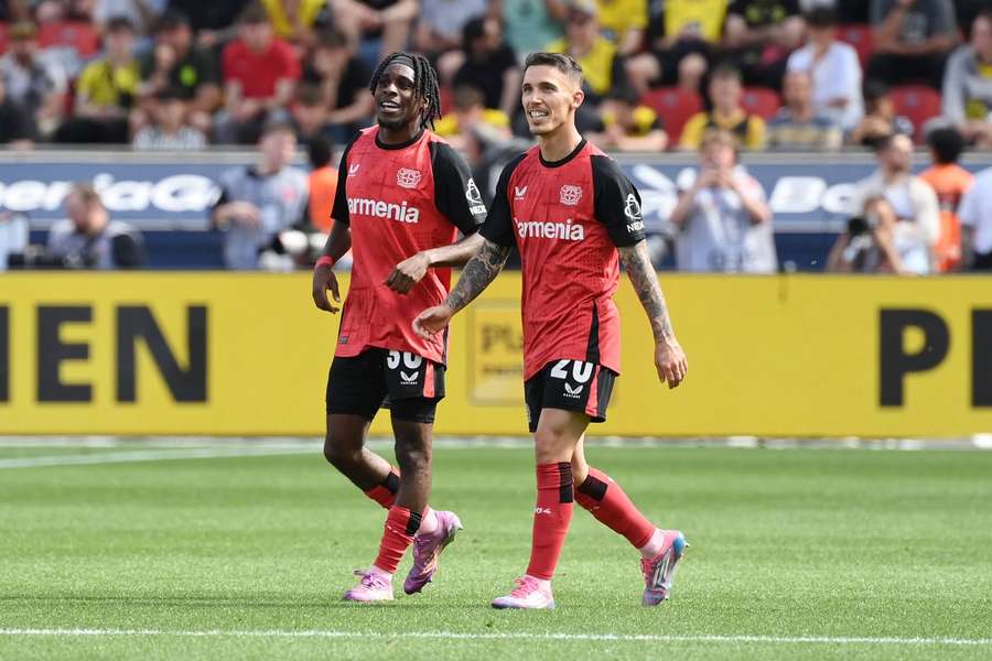 Bayer Leverkusen's Alejandro Grimaldo and Jeremie Frimpong Bayer Leverkusen's Alejandro Grimaldo and Jeremie Frimpong