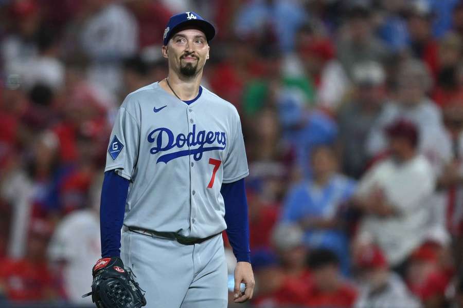 Dodgers pitcher Blake Snell reacts after a strikeout in Game of the 2025 NLDS against the Philadelphia Phillies