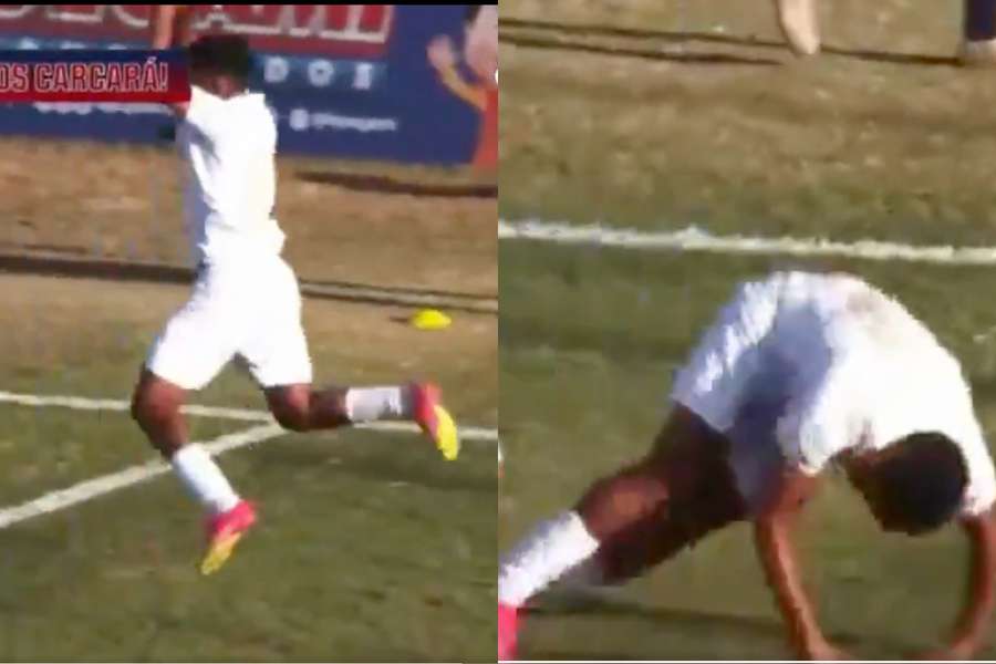 Kesley, jogador de futebol brasileiro do Grémio Prudente, se machucou após imitar a comemoração do gol de Cristiano Ronaldo