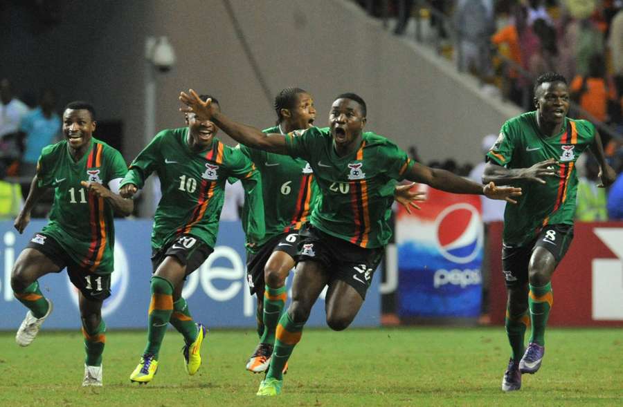 Zambia's players celebrate their shoot-out win
