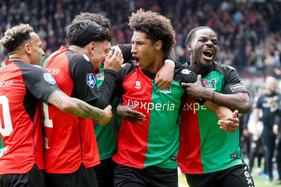 NEC's Noé Lebreton celebrates scoring the 1-0 against Go Ahead Eagles