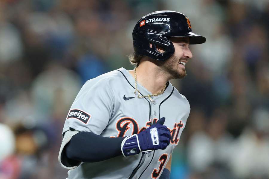 Tigers' Zach McKinstry smiles after hitting go-ahead RBI in Game 1 of 2025 ALDS against the Seattle Mariners