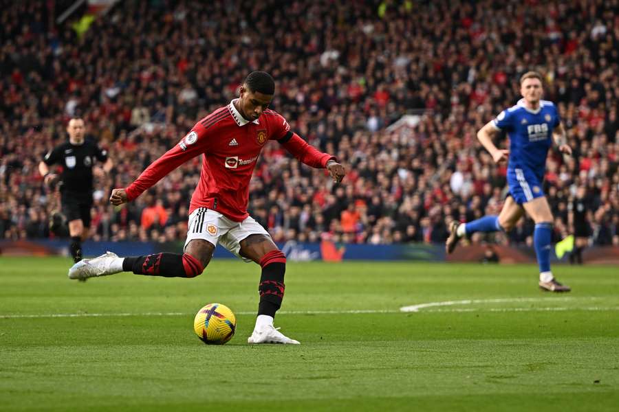 Marcus Rashford scores the opening goal against Leicester