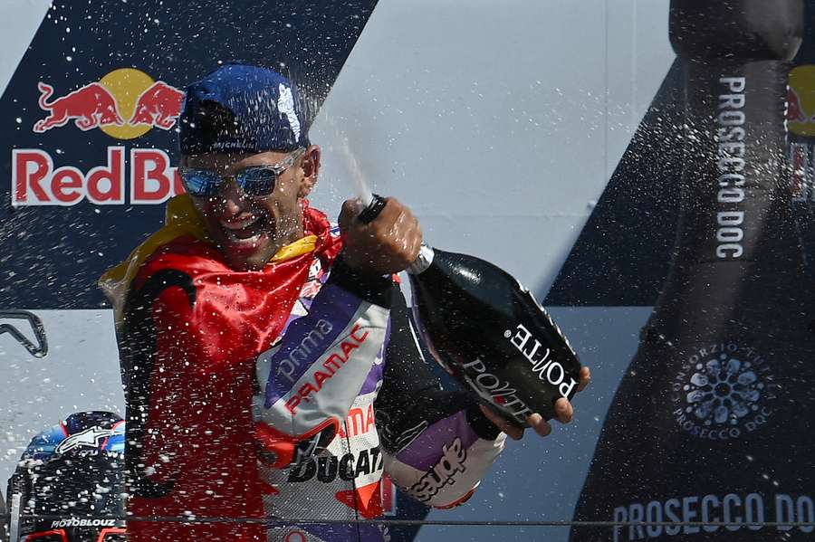  Winner Prima Pramac Racing's Spanish rider Jorge Martin celebrates on the podium 